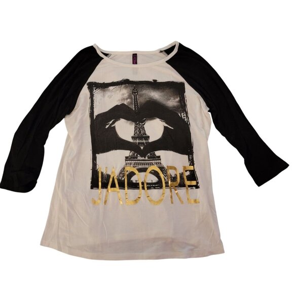 Electric Pink Womens "Jadore" Eiffel Tower Graphic Raglan Shirt Black & White - Picture 1 of 3